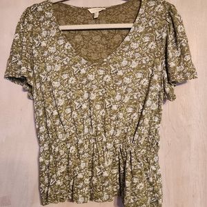 Lucky Brand V-Neck Blouse, Blue Floral on Olive Background